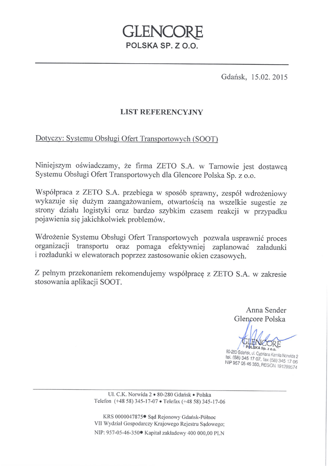 Glencore Polska list referencyjny SOOT