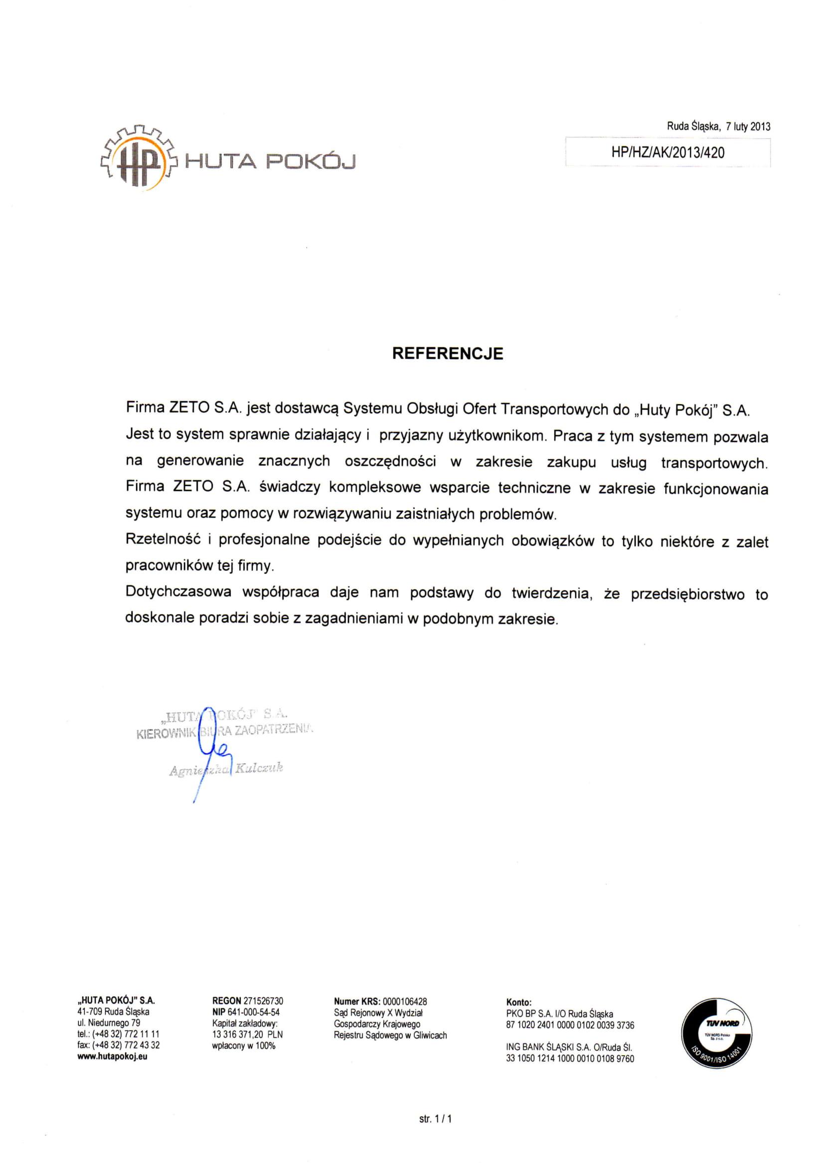 Huta Pokoj list referencyjny SOOT 1